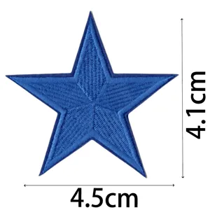 Blue five pointed star embroidered patch detail close up, size 4.1x4.5cm iron on clothing.