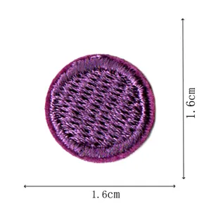 Detailed close-up view of a round purple embroidered patch showing precise 1.6cm dimensions.