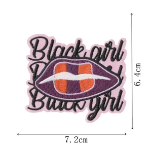 Embroidered lips patch for clothing decor, cute pink fabric badge DIY accessory 7.2x6.4cm.