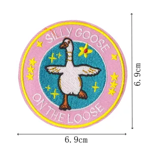 Cute silly goose embroidered patch for jacket backpack, round cloth iron-on patch accessory.