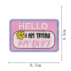 Cute pink name tag embroidered patch, funny quote iron-on patch for jackets and bags.