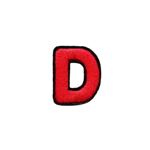 Red embroidered letter D patch for clothing decoration, iron-on DIY apparel accessory.