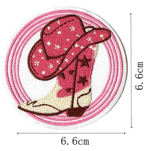 Pink cowboy hat and boot embroidered patch, round cloth badge accessory detail view 6.6cm