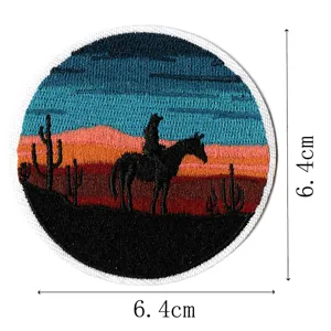 Western cowboy embroidery patch round desert sunset cactus clothing jacket DIY badge 6.4cm