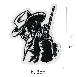 Detailed view of black and white western cowboy embroidered patch, measuring 7.1x6.6cm.