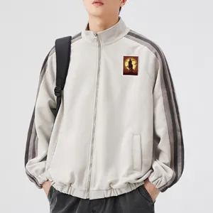 Men's casual track jacket light gray zip-up outerwear with shoulder stripes and western patch.