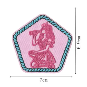 Embroidered patch with pink retro pin-up girl design, blue rope border, size 7x6.9cm for clothing.