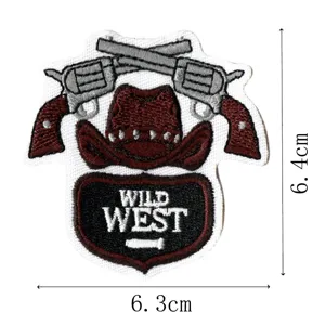 Western cowboy embroidered patch with twin revolvers, hat and wild west shield logo.