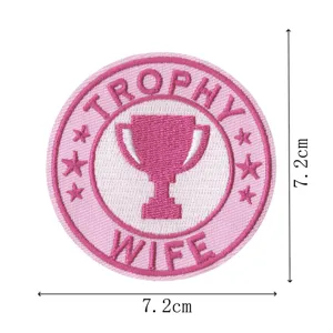 Pink trophy wife embroidered patch round clothing accessory decorative iron on badge 7.2cm