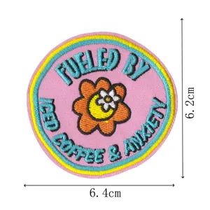 Cute embroidered flower slogan patch for jacket and bag decoration, durable fabric badge.