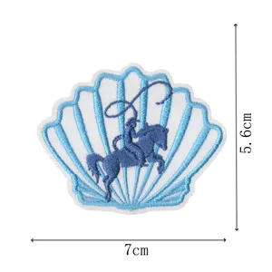 Blue seashell horse embroidered patch for clothing decorative DIY accessories 7x5.6cm