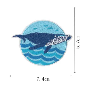Blue whale embroidery patch cartoon ocean wave clothes decorative sew badge accessory 7.4x5.7cm