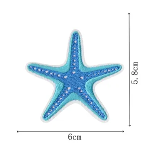 Blue starfish embroidered patch, clothing DIY decorative accessory with clear size details.