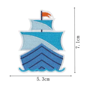 Blue ship embroidery patch for clothing decoration, featuring detailed stitching and waves.