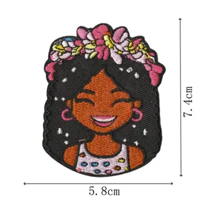 Cute Black girl embroidered patch cartoon anime floral wreath iron on badge apparel applique