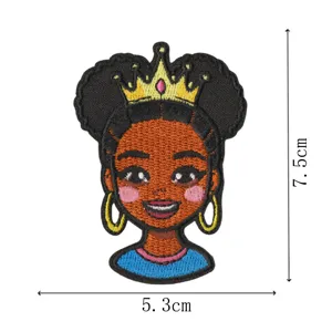 Cartoon Black Girl Embroidered Patch Crown Afro Hair DIY Clothing Apparel Badge 7.5cm