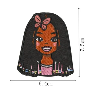 Cartoon black girl embroidered cloth patch detail showing design and size dimensions.