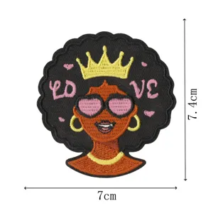 Cartoon Black Girl Embroidered Patch Iron on Crown Heart Sunglasses DIY Cloth Badge