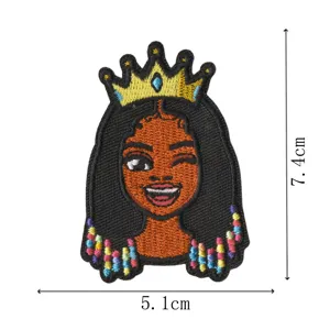 Cartoon Black Girl Embroidered Patch Crown Cute Iron On Applique Clothing Badge 5.1x7.4cm