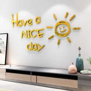 3D acrylic mirror wall sticker, golden Have a nice day quote and sun decor for living room bedroom