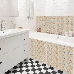 Detailed scene of waterproof mosaic tile stickers applied on bathroom wall and bathtub surface.