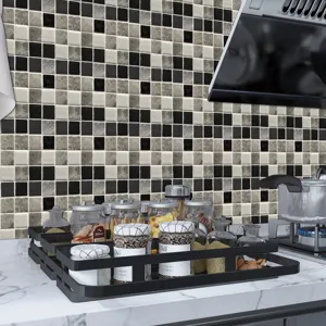 Waterproof mosaic tile sticker for kitchen and bathroom wall decoration, black and grey grid