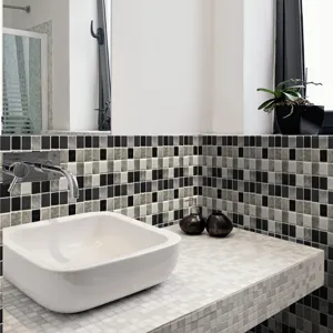 Bathroom mosaic tile sticker detail scene showing waterproof wall and countertop renovation.