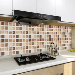 Waterproof mosaic tile sticker for kitchen wall renovation, brown square pattern.
