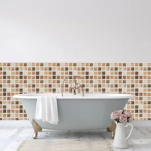 Mosaic tile sticker detail scene with wood grain square pattern for modern bathroom decor.