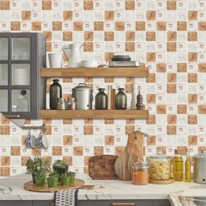 Detail scene showing waterproof mosaic tile stickers on kitchen wall with retro square pattern.