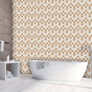 Waterproof mosaic tile sticker detail, brown and white square pattern for bathroom wall.