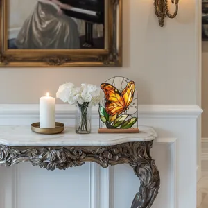 Exquisite butterfly acrylic ornament with wooden base, faux glass texture floral desktop decor.