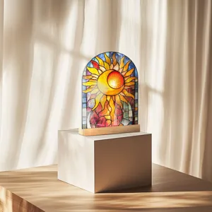Sun and moon acrylic ornament with wood base, stained glass style tabletop decor for home.