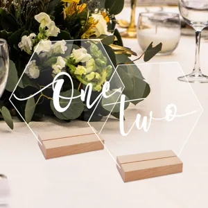 Letrero de numero de mesa de acrilico transparente con base de madera para boda fiesta