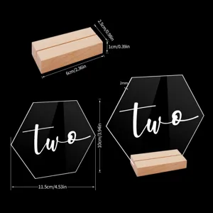 Tarjeta de mesa hexagonal de acrílico con base de madera soporte para decoración de boda