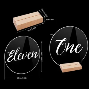 Tarjeta número de mesa acrílica base madera detalles dimensiones 10cm redondo expositor