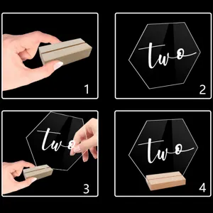 Letrero de numero de mesa hexagonal de acrilico con base de madera decoracion de boda