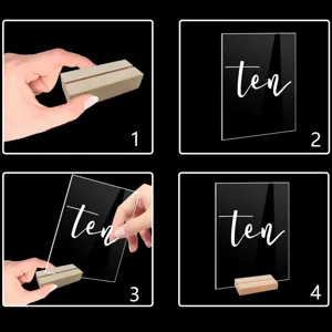 Placa de número de mesa de acrílico con base de madera detalle para decoración de boda