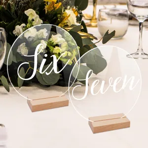 Placa de número de mesa de acrílico transparente con base de madera, tarjeta de boda.