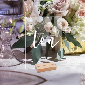 Placa de número de mesa de acrílico con base de madera, tarjeta transparente para boda.