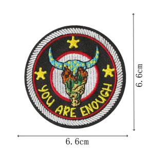 Western cowboy bull skull embroidered patch badge with inspirational quote, 6.6cm size.