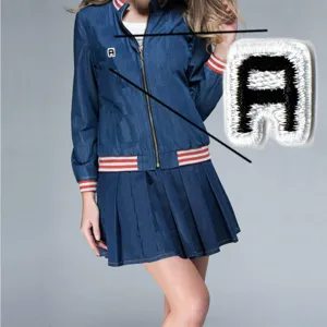 Blue denim jacket and pleated skirt set with letter A embroidery patch for women fashion.