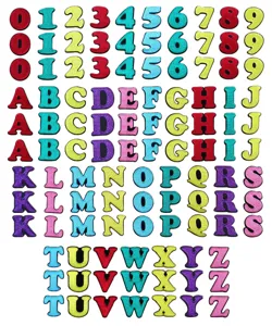 Colorful embroidered alphabet and number patches for DIY clothing repair and decoration.