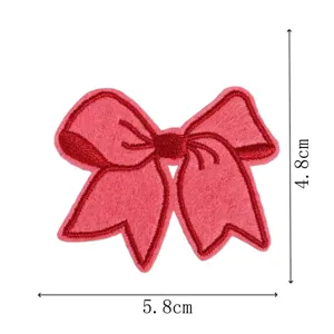 Pink bow embroidered patch for clothing DIY, exquisite red border design, size 5.8x4.8cm.