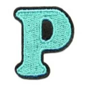 Embroidered letter P patch detail, turquoise blue iron-on badge, DIY clothing repair accessory.