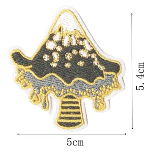 Detailed close-up of embroidered mushroom patch, exquisite stitching and pattern.