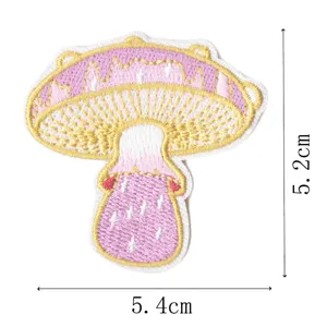 Cute pink mushroom embroidered patch detail view, perfect for clothing and bag decoration.