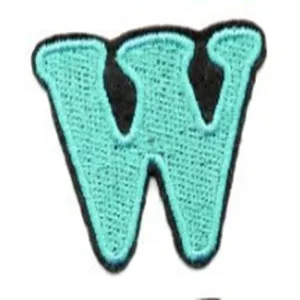 Detailed close-up shot of an embroidered letter W patch, featuring vibrant turquoise color.