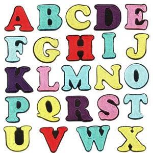 Colorful English alphabet embroidery patches iron-on embroidered clothing badges for DIY apparel decor.