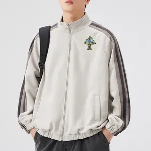 Men Casual Zip-Up Jacket Mushroom Patch Stand Collar Long Sleeve Trackwear Grey Outer